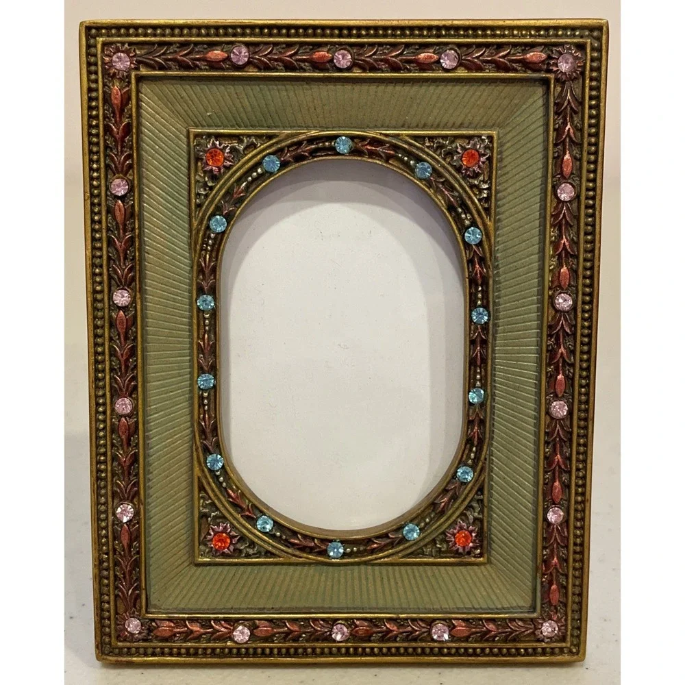 Vintage Style Art Nouveau Small Picture Frame Rhinestones Floral 3.5